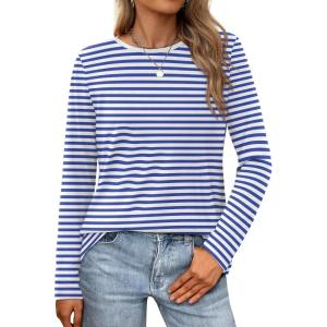 imageXIEERDUO Long Sleeve Shirts for Women Casual Crew Neck Basic Fall Tops Loose Fit ComfyBlue Striped