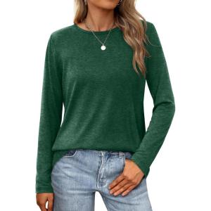 imageXIEERDUO Long Sleeve Shirts for Women Casual Crew Neck Basic Fall Tops Loose Fit ComfyDark Green