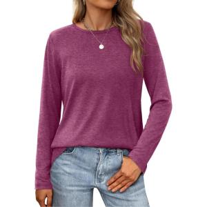 imageXIEERDUO Long Sleeve Shirts for Women Casual Crew Neck Basic Fall Tops Loose Fit ComfyMaroon