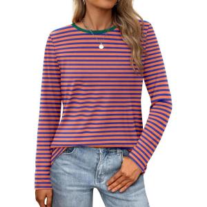 imageXIEERDUO Long Sleeve Shirts for Women Casual Crew Neck Basic Fall Tops Loose Fit ComfyStriped Orange