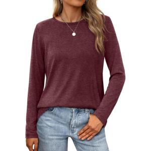 imageXIEERDUO Long Sleeve Shirts for Women Casual Crew Neck Basic Fall Tops Loose Fit ComfyWine Red
