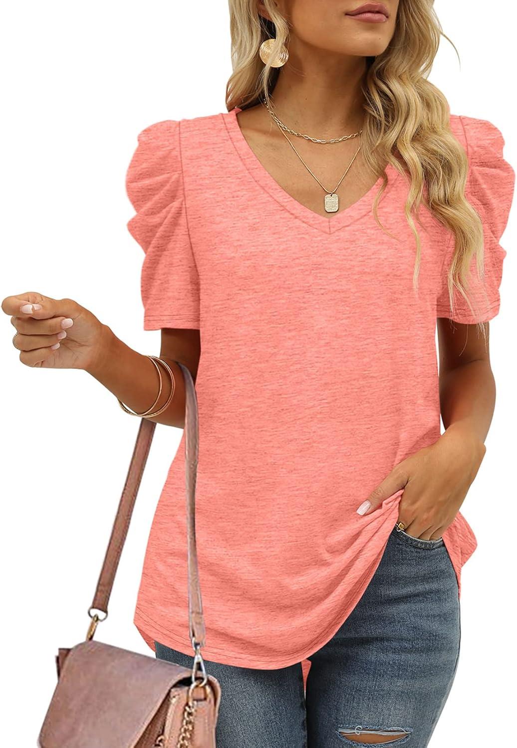 imageXIEERDUO Womens Summer Shirt V Neck Casual Tshirts Puff Sleeve Tops for Women Solid Color XS3XL04acoral