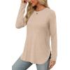 imageXIEERDUO Womens Long Sleeve Round Neck Shirts Side Split Basic Loose Tunic Tops Casual 2025Beige