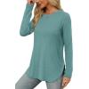 imageXIEERDUO Womens Long Sleeve Round Neck Shirts Side Split Basic Loose Tunic Tops Casual 2025Blue Green