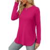 imageXIEERDUO Womens Long Sleeve Round Neck Shirts Side Split Basic Loose Tunic Tops Casual 2025Hot Pink