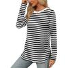 imageXIEERDUO Womens Long Sleeve Round Neck Shirts Side Split Basic Loose Tunic Tops Casual 2025Stripeblack White