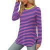 imageXIEERDUO Womens Long Sleeve Round Neck Shirts Side Split Basic Loose Tunic Tops Casual 2025Stripepink Blue