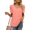 imageXIEERDUO Womens Summer Shirt V Neck Casual Tshirts Puff Sleeve Tops for Women Solid Color XS3XL04acoral