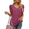 imageXIEERDUO Womens Summer Shirt V Neck Casual Tshirts Puff Sleeve Tops for Women Solid Color XS3XL05maroon