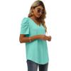 imageXIEERDUO Womens Summer Shirt V Neck Casual Tshirts Puff Sleeve Tops for Women Solid Color XS3XL12lake Green