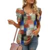 imageXIEERDUO Womens Summer Shirt V Neck Casual Tshirts Puff Sleeve Tops for Women Solid Color XS3XL15plaid