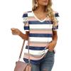 imageXIEERDUO Womens Summer Shirt V Neck Casual Tshirts Puff Sleeve Tops for Women Solid Color XS3XL17pink Navy Stripe