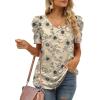 imageXIEERDUO Womens Summer Shirt V Neck Casual Tshirts Puff Sleeve Tops for Women Solid Color XS3XL18apricot Flowers