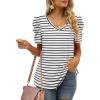 imageXIEERDUO Womens Summer Shirt V Neck Casual Tshirts Puff Sleeve Tops for Women Solid Color XS3XL18white Stripe