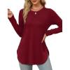 imageXIEERDUO Womens Long Sleeve Round Neck Shirts Side Split Basic Loose Tunic Tops Casual 2025Burgundy