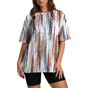 imageOversized T Shirts for Women Summer Crewneck Short Sleeve Basic Tops Loose FitBrown Stripe