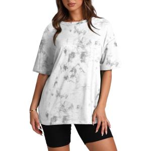 imageOversized T Shirts for Women Summer Crewneck Short Sleeve Basic Tops Loose FitTie Dye White