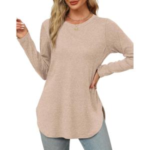 imageXIEERDUO Womens Long Sleeve Round Neck Shirts Side Split Basic Loose Tunic Tops Casual 2025Beige