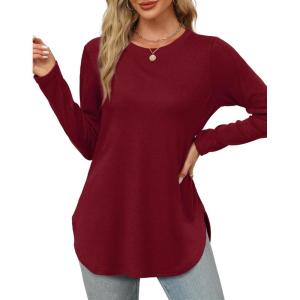 imageXIEERDUO Womens Long Sleeve Round Neck Shirts Side Split Basic Loose Tunic Tops Casual 2025Burgundy