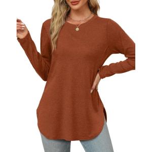 imageXIEERDUO Womens Long Sleeve Round Neck Shirts Side Split Basic Loose Tunic Tops Casual 2025Caramel