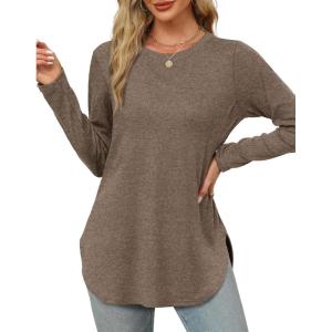 imageXIEERDUO Womens Long Sleeve Round Neck Shirts Side Split Basic Loose Tunic Tops Casual 2025Coffee