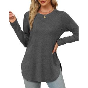 imageXIEERDUO Womens Long Sleeve Round Neck Shirts Side Split Basic Loose Tunic Tops Casual 2025Dark Grey