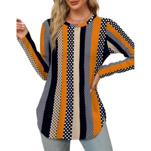 imageXIEERDUO Womens Long Sleeve Round Neck Shirts Side Split Basic Loose Tunic Tops Casual 2025Patternedkhaki Stripe