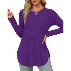 imageXIEERDUO Womens Long Sleeve Round Neck Shirts Side Split Basic Loose Tunic Tops Casual 2025Purple