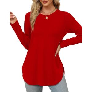 imageXIEERDUO Womens Long Sleeve Round Neck Shirts Side Split Basic Loose Tunic Tops Casual 2025Red