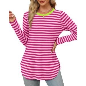 imageXIEERDUO Womens Long Sleeve Round Neck Shirts Side Split Basic Loose Tunic Tops Casual 2025Stripehot Pink