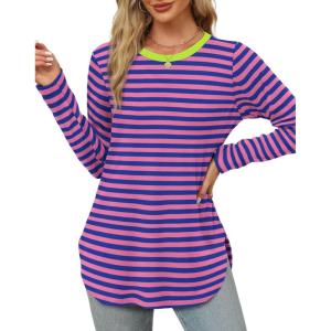imageXIEERDUO Womens Long Sleeve Round Neck Shirts Side Split Basic Loose Tunic Tops Casual 2025Stripepink Blue