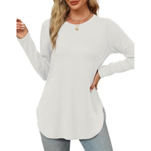 imageXIEERDUO Womens Long Sleeve Round Neck Shirts Side Split Basic Loose Tunic Tops Casual 2025White
