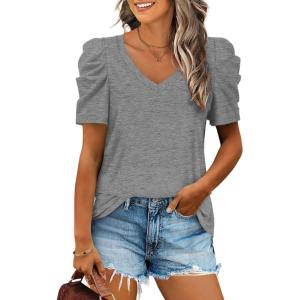imageXIEERDUO Womens Summer Shirt V Neck Casual Tshirts Puff Sleeve Tops for Women Solid Color XS3XL02gray