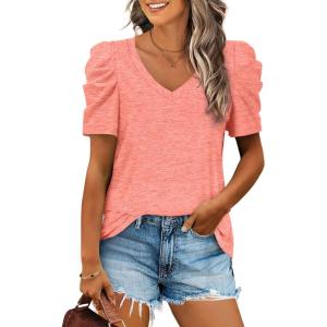 imageXIEERDUO Womens Summer Shirt V Neck Casual Tshirts Puff Sleeve Tops for Women Solid Color XS3XL04acoral