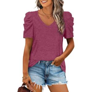 imageXIEERDUO Womens Summer Shirt V Neck Casual Tshirts Puff Sleeve Tops for Women Solid Color XS3XL05maroon