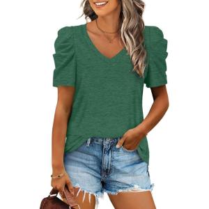imageXIEERDUO Womens Summer Shirt V Neck Casual Tshirts Puff Sleeve Tops for Women Solid Color XS3XL06green