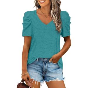 imageXIEERDUO Womens Summer Shirt V Neck Casual Tshirts Puff Sleeve Tops for Women Solid Color XS3XL08grey Green
