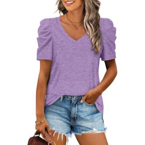 imageXIEERDUO Womens Summer Shirt V Neck Casual Tshirts Puff Sleeve Tops for Women Solid Color XS3XL10lavender