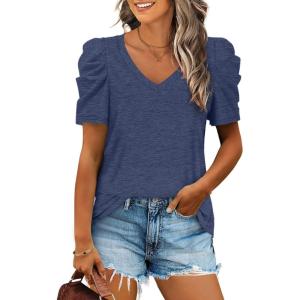 imageXIEERDUO Womens Summer Shirt V Neck Casual Tshirts Puff Sleeve Tops for Women Solid Color XS3XL11navy