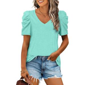 imageXIEERDUO Womens Summer Shirt V Neck Casual Tshirts Puff Sleeve Tops for Women Solid Color XS3XL12lake Green