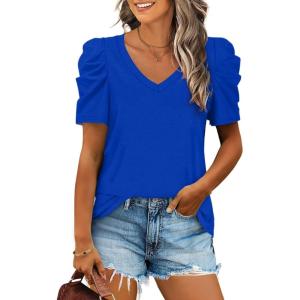 imageXIEERDUO Womens Summer Shirt V Neck Casual Tshirts Puff Sleeve Tops for Women Solid Color XS3XL12royal Blue
