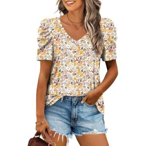 imageXIEERDUO Womens Summer Shirt V Neck Casual Tshirts Puff Sleeve Tops for Women Solid Color XS3XL15floral White Red