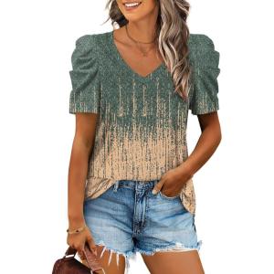 imageXIEERDUO Womens Summer Shirt V Neck Casual Tshirts Puff Sleeve Tops for Women Solid Color XS3XL15grey Coral