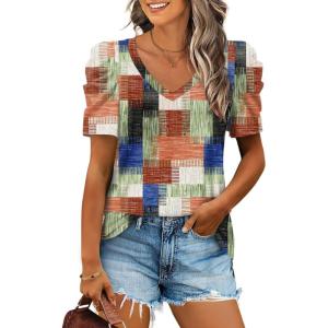 imageXIEERDUO Womens Summer Shirt V Neck Casual Tshirts Puff Sleeve Tops for Women Solid Color XS3XL15plaid