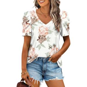imageXIEERDUO Womens Summer Shirt V Neck Casual Tshirts Puff Sleeve Tops for Women Solid Color XS3XL15white Floral