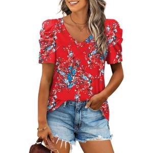 imageXIEERDUO Womens Summer Shirt V Neck Casual Tshirts Puff Sleeve Tops for Women Solid Color XS3XL16red Floral