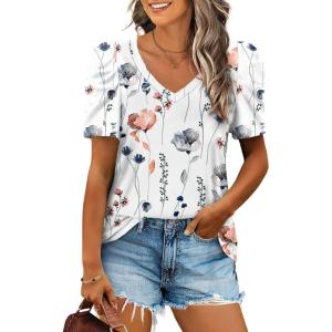 imageXIEERDUO Womens Summer Shirt V Neck Casual Tshirts Puff Sleeve Tops for Women Solid Color XS3XL16white Painting