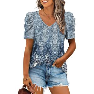 imageXIEERDUO Womens Summer Shirt V Neck Casual Tshirts Puff Sleeve Tops for Women Solid Color XS3XL17floral Beige Blue