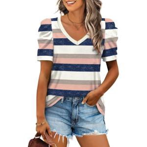 imageXIEERDUO Womens Summer Shirt V Neck Casual Tshirts Puff Sleeve Tops for Women Solid Color XS3XL17pink Navy Stripe