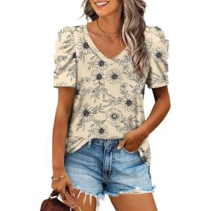 imageXIEERDUO Womens Summer Shirt V Neck Casual Tshirts Puff Sleeve Tops for Women Solid Color XS3XL18apricot Flowers